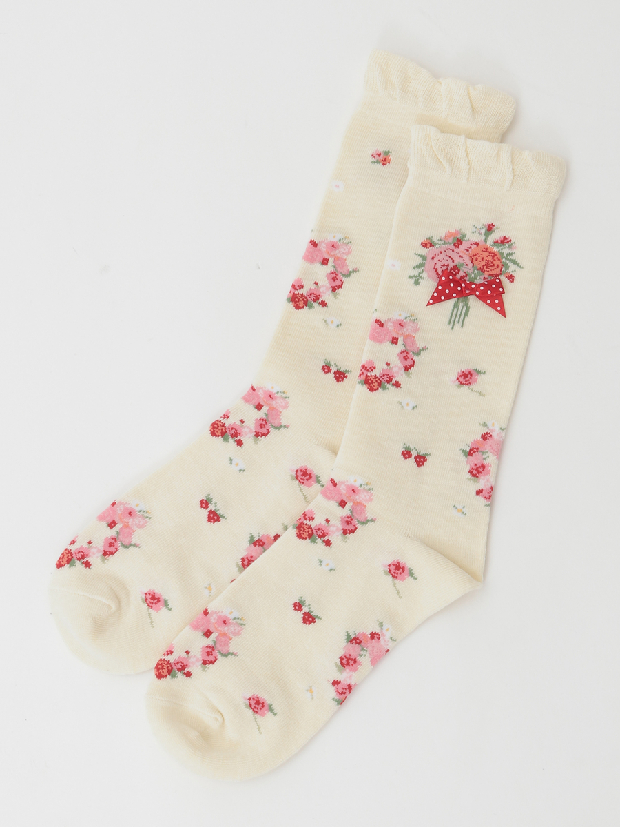 リボンブーケ柄ソックス 詳細画像 クロ 2