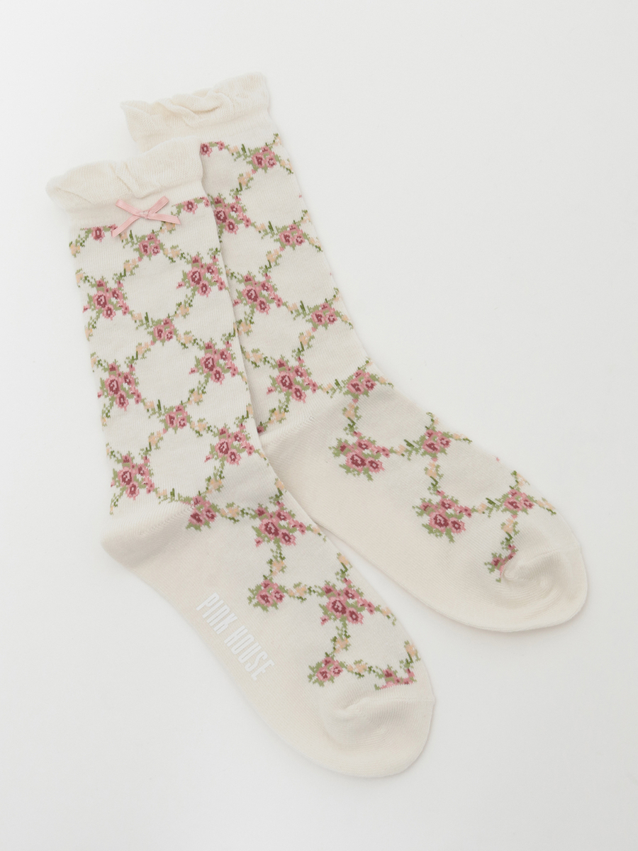 薔薇格子柄ソックス 詳細画像 バニラ 1