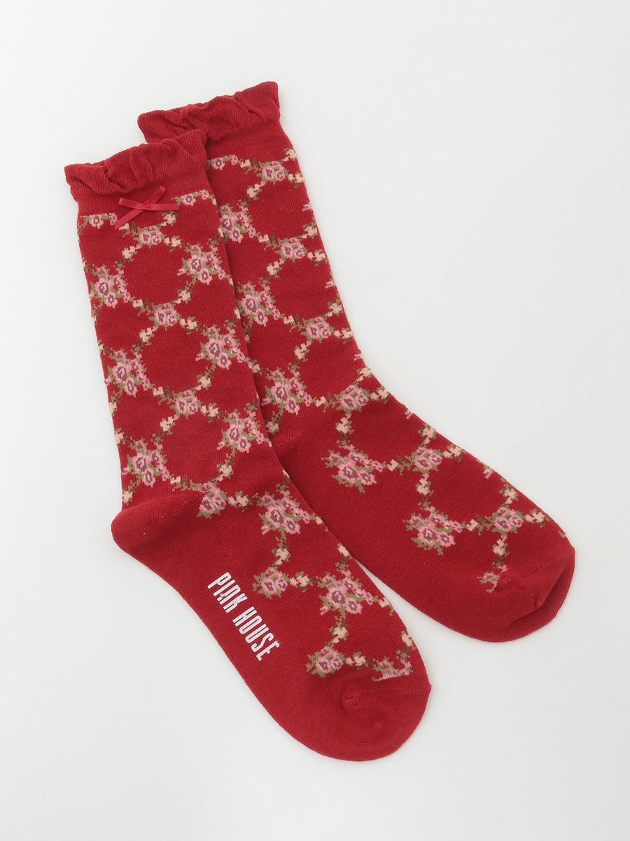 薔薇格子柄ソックス 詳細画像 ローズレッド 1
