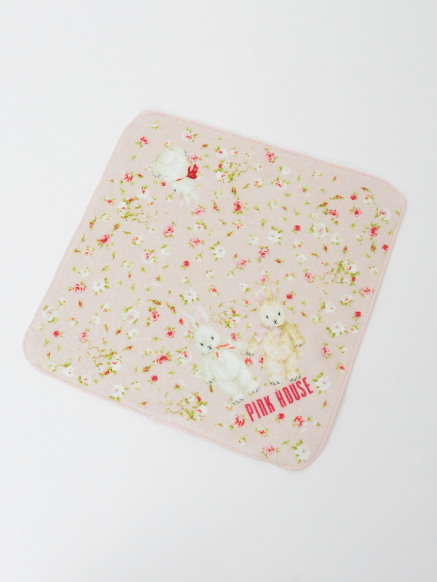 バラ園うさぎプリントタオルハンカチ 詳細画像 ピンク 1