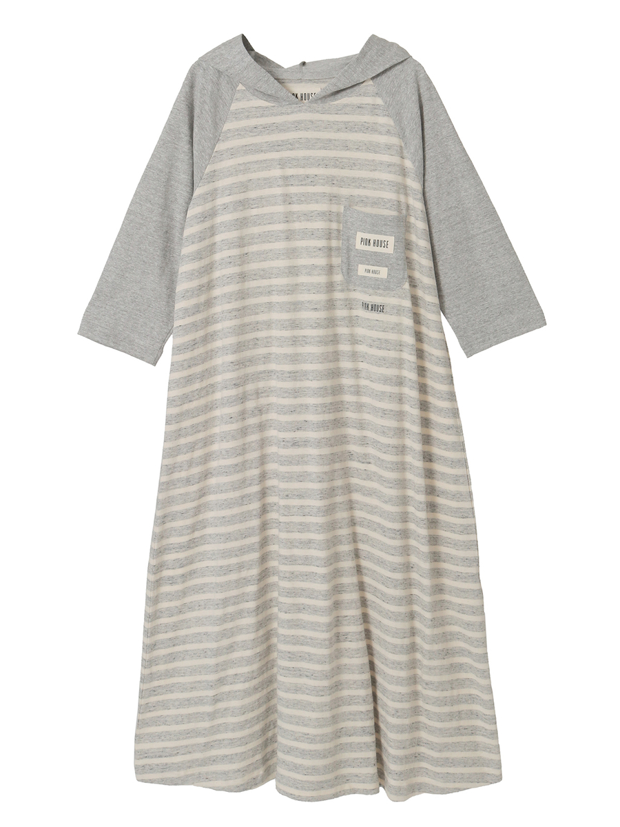 フード付きボーダーワンピース 詳細画像 グレー×キナリ 1