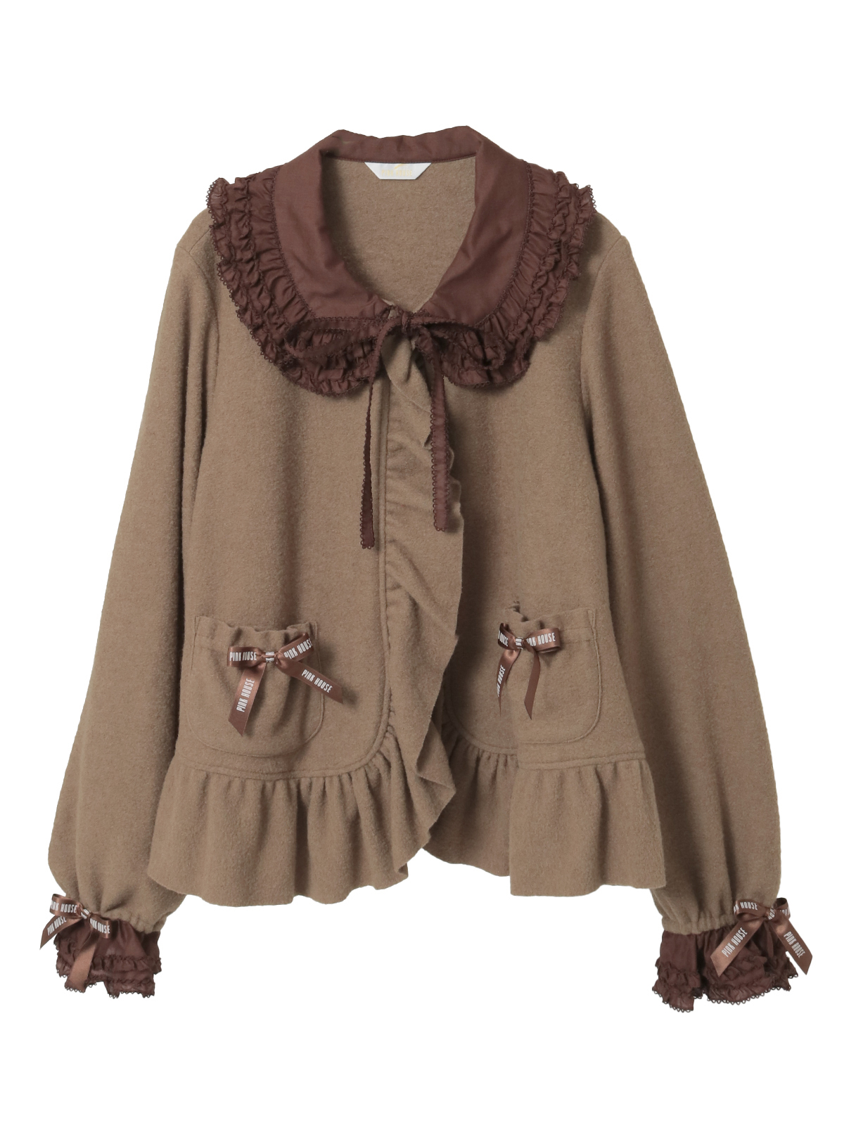 ピンクハウス　ローン衿付き圧縮ブークレーカーディガン リボン付きブラウン長袖カーディガン ピンクハウス ローン衿付き圧縮