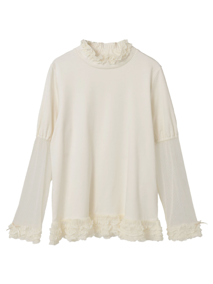 ドットチュール使いハイネックカットソー 詳細画像 アイボリー 1