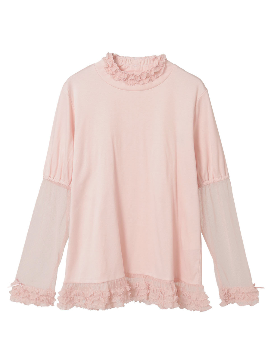 ドットチュール使いハイネックカットソー 詳細画像 ピンク 1