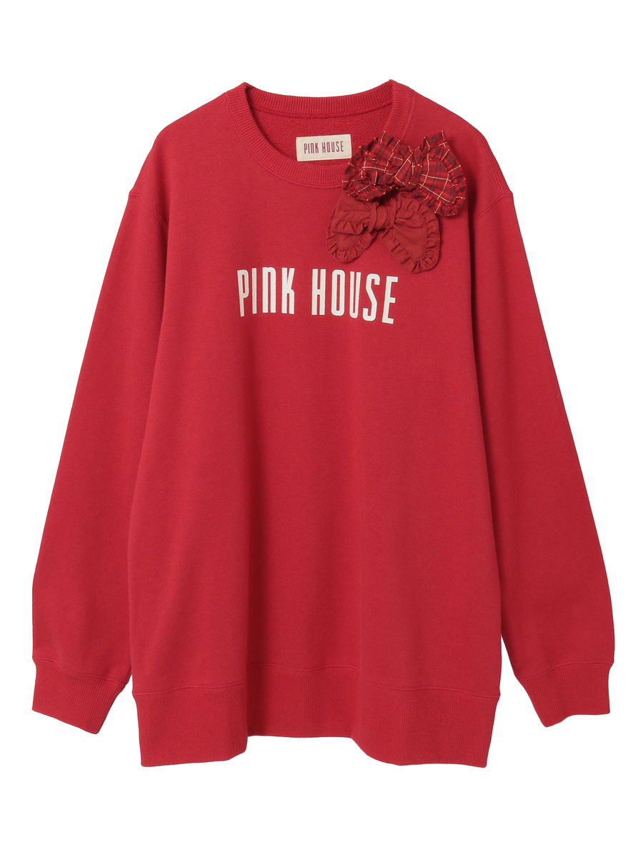 チェック＆無地リボンブローチ付きロゴプリントトレーナー 詳細画像 アカ 1