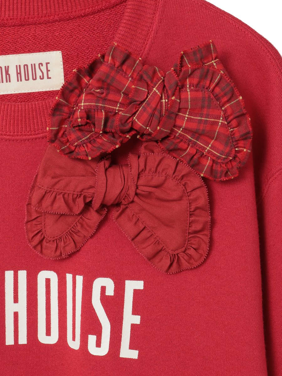 チェック＆無地リボンブローチ付きロゴプリントトレーナー 詳細画像 アカ 3