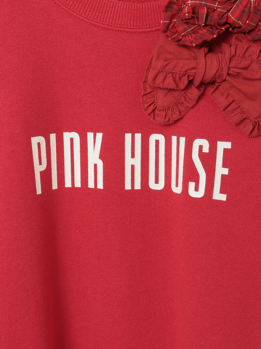 チェック＆無地リボンブローチ付きロゴプリントトレーナー 詳細画像 アカ 6