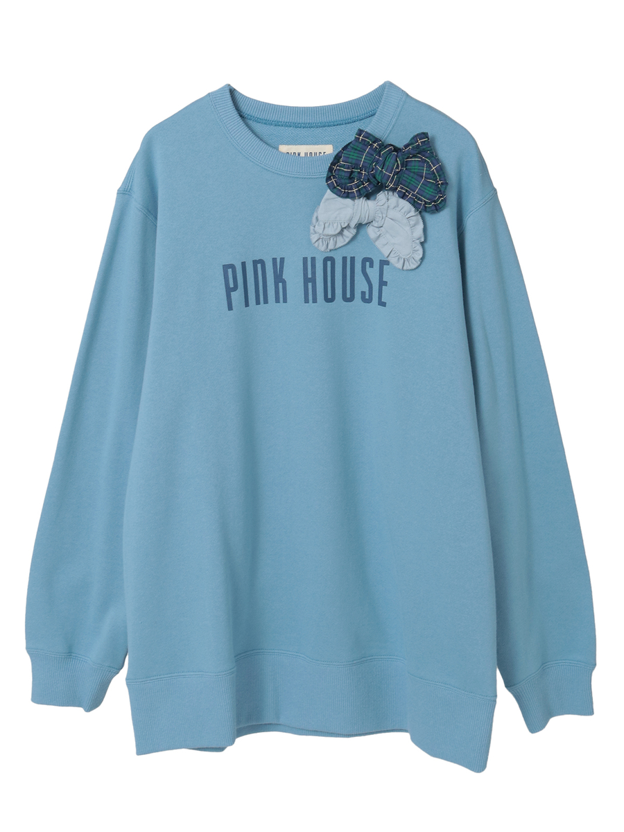 チェック＆無地リボンブローチ付きロゴプリントトレーナー 詳細画像 ブルー 1