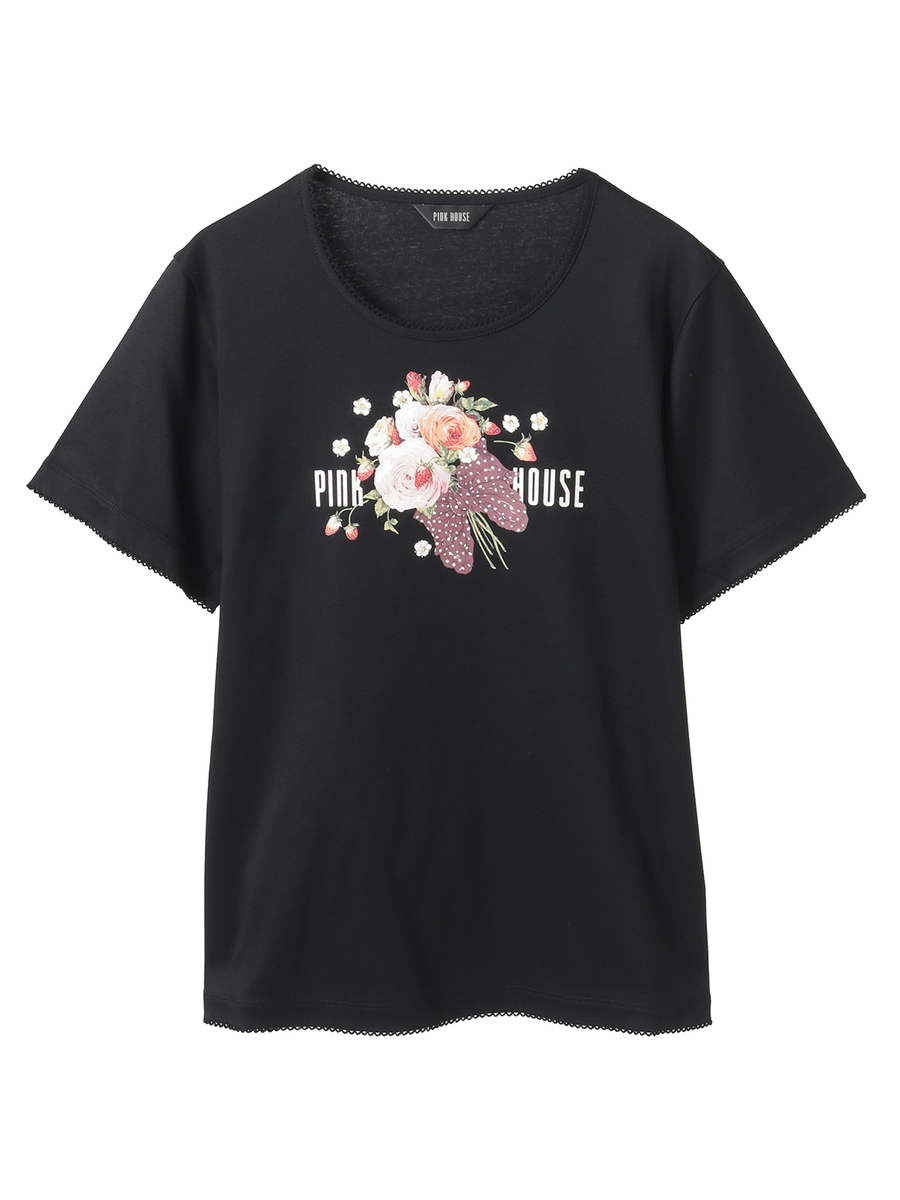 リボンブーケプリントカットソー 詳細画像 クロ 1