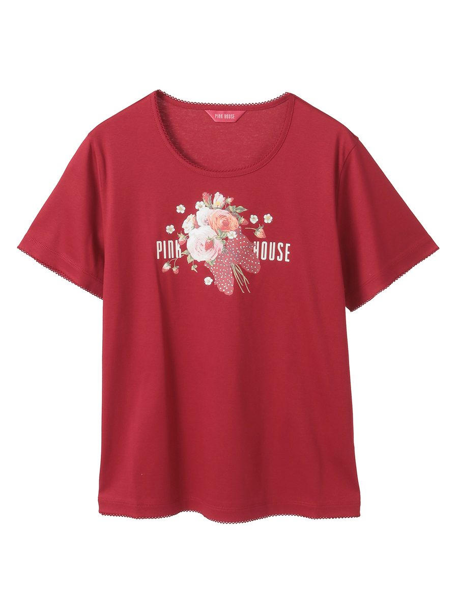 リボンブーケプリントカットソー 詳細画像 アカ 1