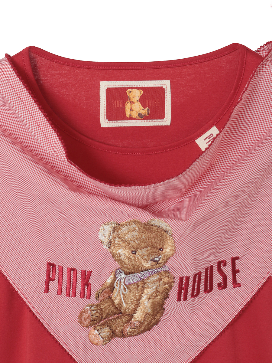 テディベア刺繍ギンガムチェックバンダナ付きカットソー 詳細画像 ブルー 3