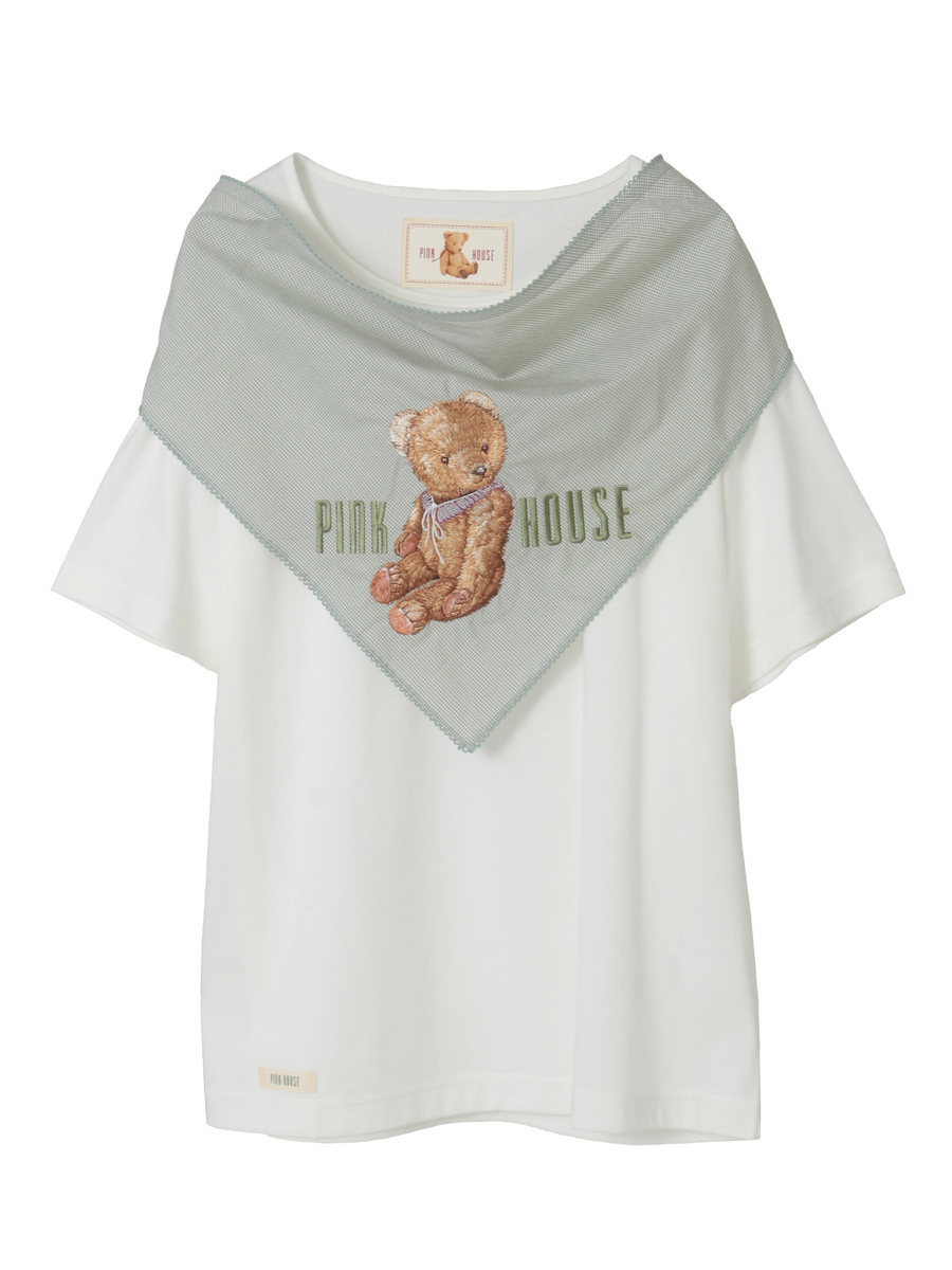 テディベア刺繍ギンガムチェックバンダナ付きカットソー 詳細画像 キナリ 1