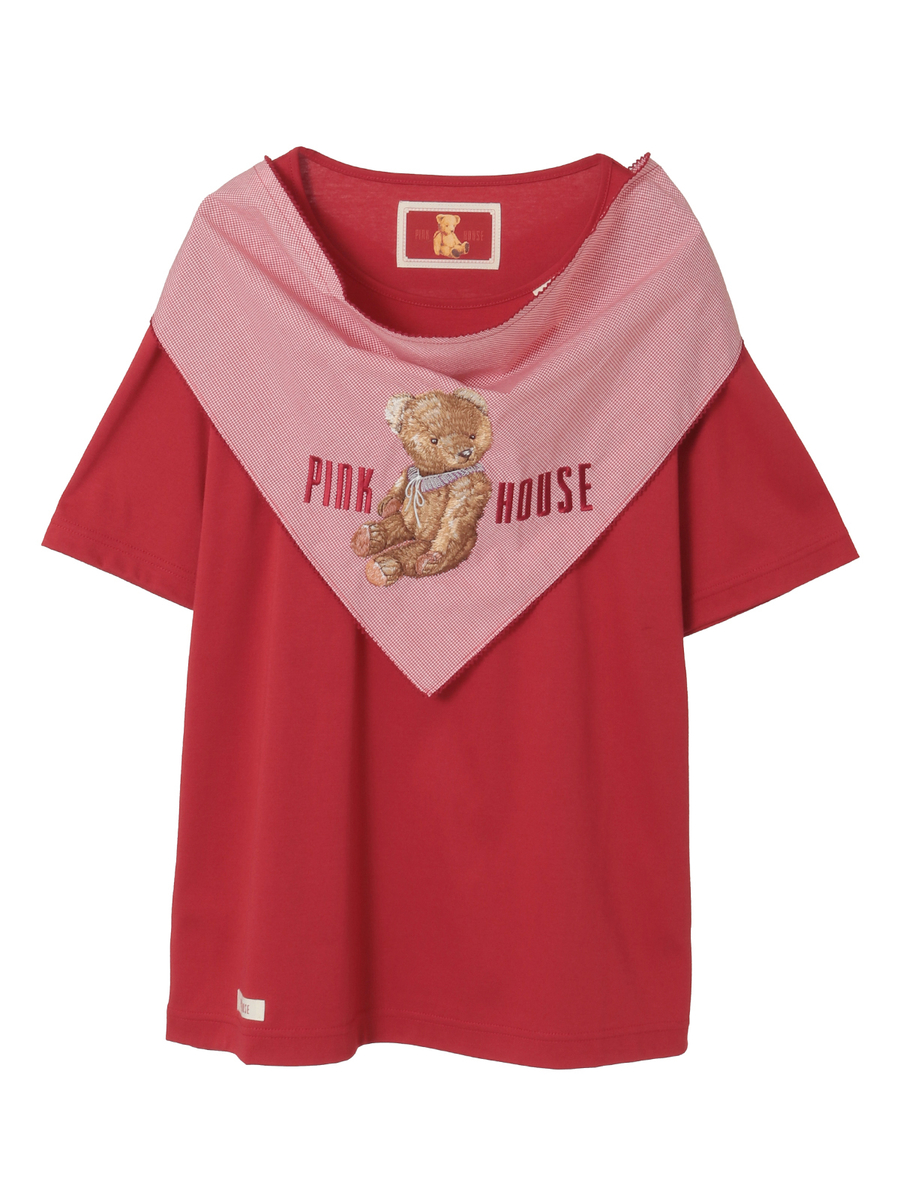 テディベア刺繍ギンガムチェックバンダナ付きカットソー 詳細画像 アカ 1