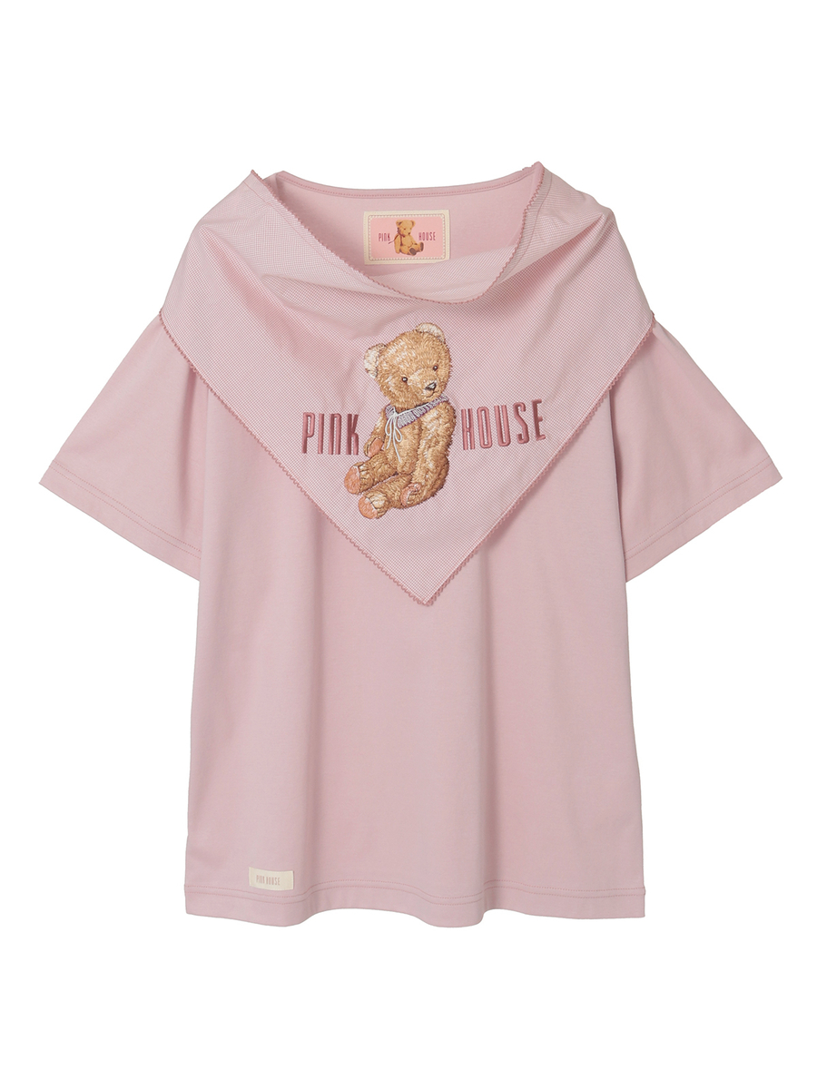 テディベア刺繍ギンガムチェックバンダナ付きカットソー 詳細画像 ピンク 1