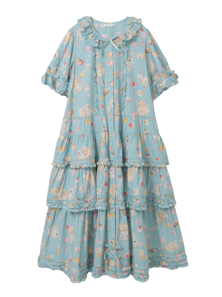 幸見うさぎプリントフリルワンピース