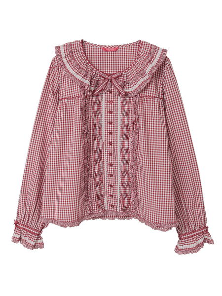 フリル襟付きギンガムチェックブラウス