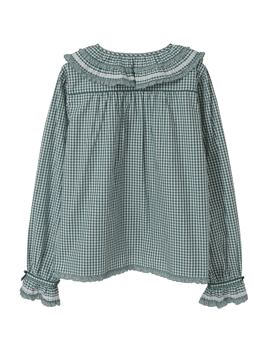 フリル襟付きギンガムチェックブラウス 詳細画像 グリーン 2