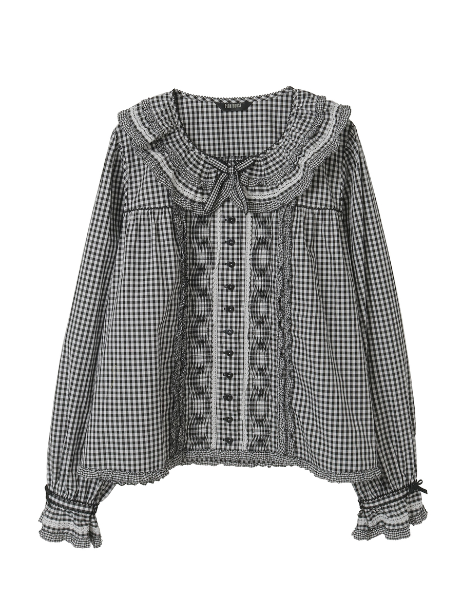 フリル襟付きギンガムチェックブラウス 詳細画像 ブラック 1