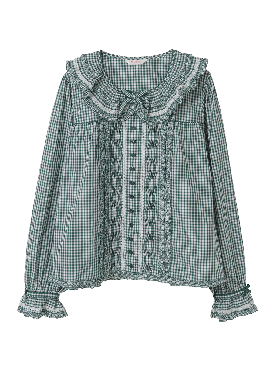 フリル襟付きギンガムチェックブラウス 詳細画像 グリーン 1
