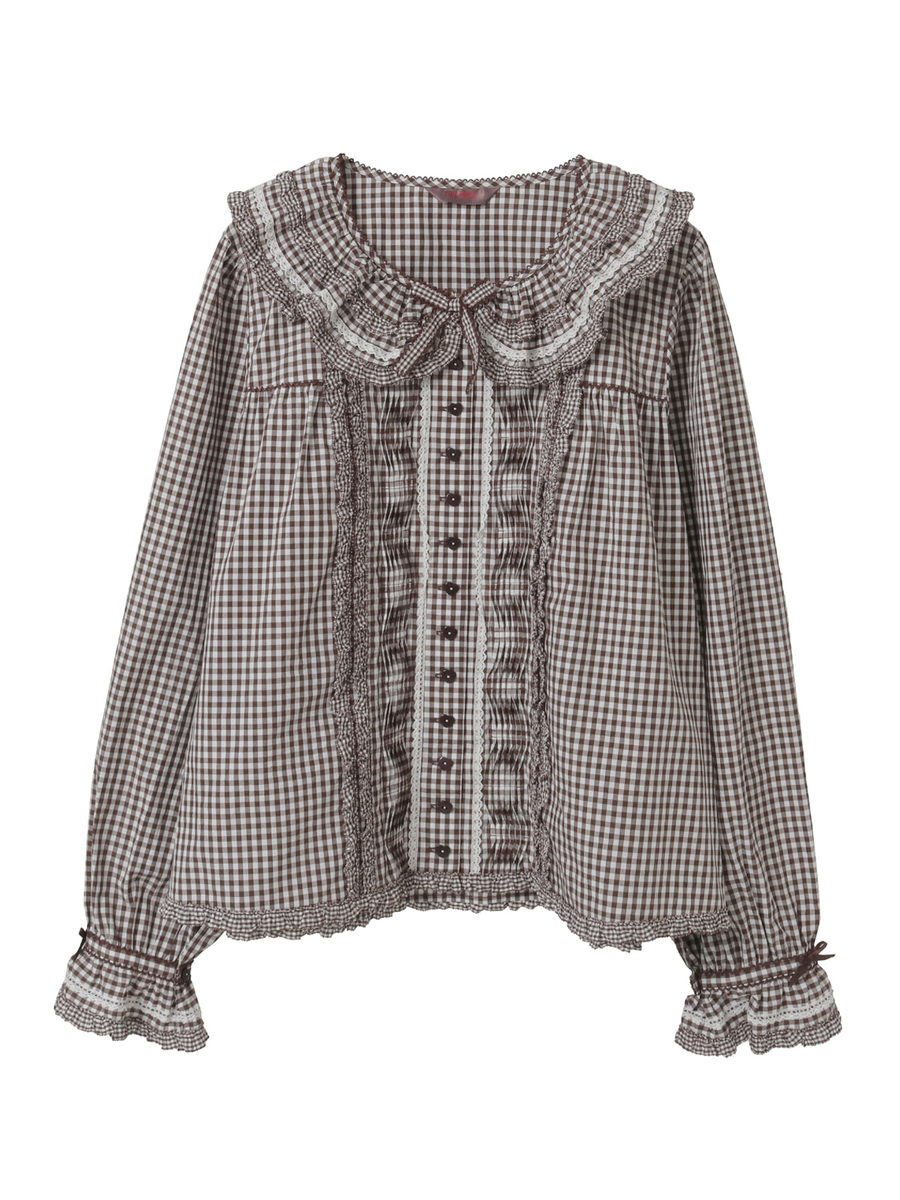 フリル襟付きギンガムチェックブラウス 詳細画像 チョコレート 1