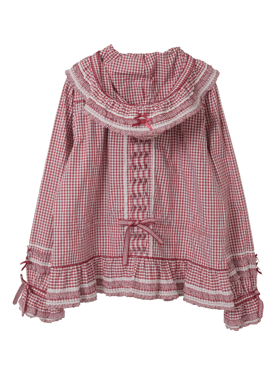 ギンガムチェックフード付きオーバーブラウス 詳細画像 チョコレート 2