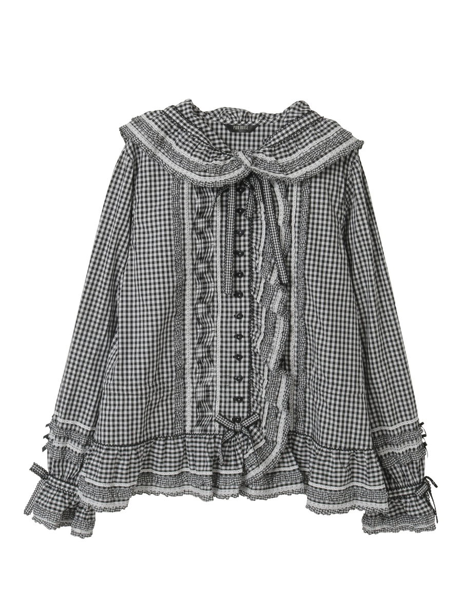 ギンガムチェックフード付きオーバーブラウス 詳細画像 ブラック 1