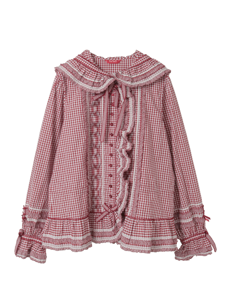 ギンガムチェックフード付きオーバーブラウス 詳細画像 アカ 1