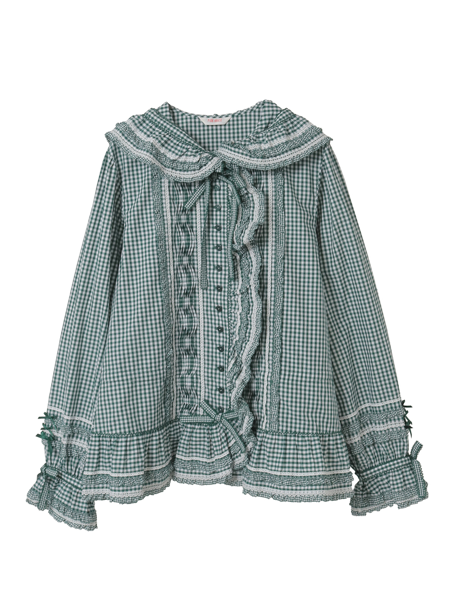 ギンガムチェックフード付きオーバーブラウス 詳細画像 グリーン 1