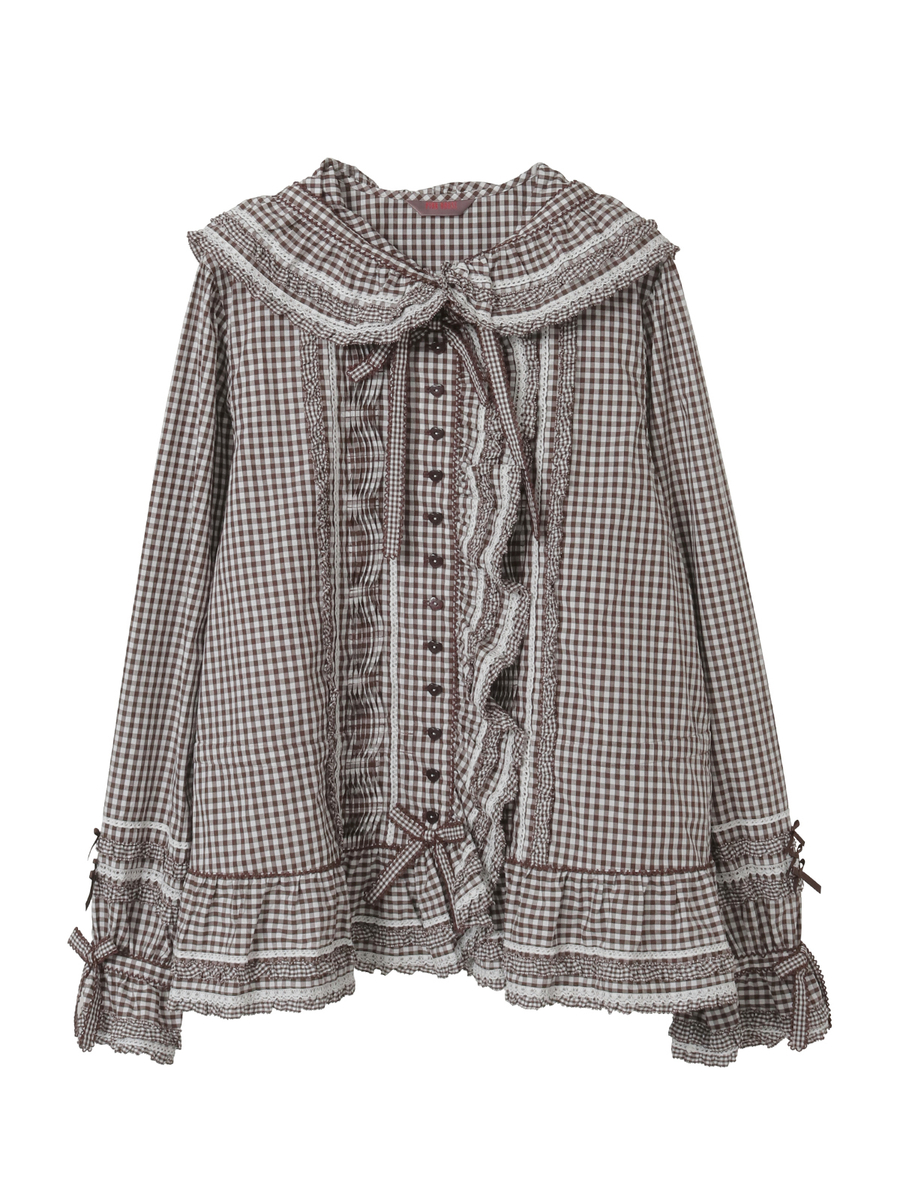 ギンガムチェックフード付きオーバーブラウス 詳細画像 チョコレート 1