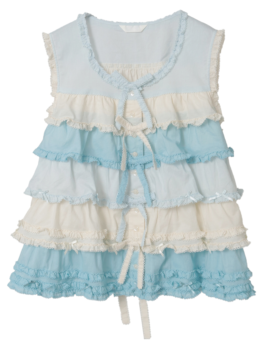 配色フリルノースリーブブラウス 詳細画像 ソライロ系 1