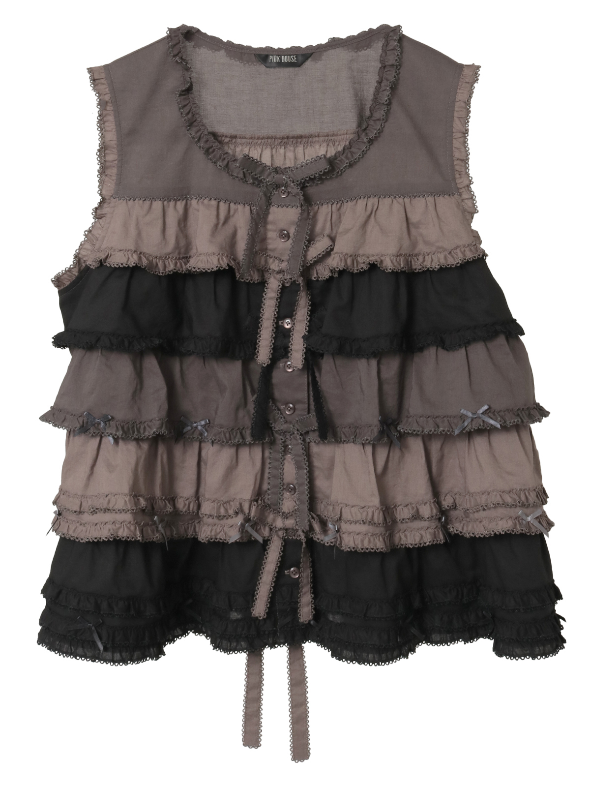 ピンクハウス　チュニック　パッチワーク　フリル　ノースリーブ　リボン　ブラウン ピンクハウス チュニック パッチワーク フリル ノースリーブ リボン