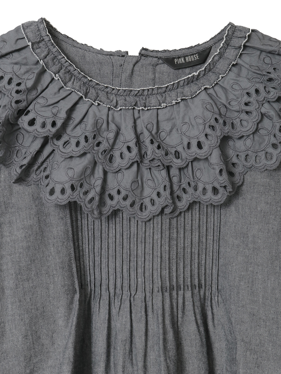 スカラップレース使いダンガリーブラウス 詳細画像 シロ 7