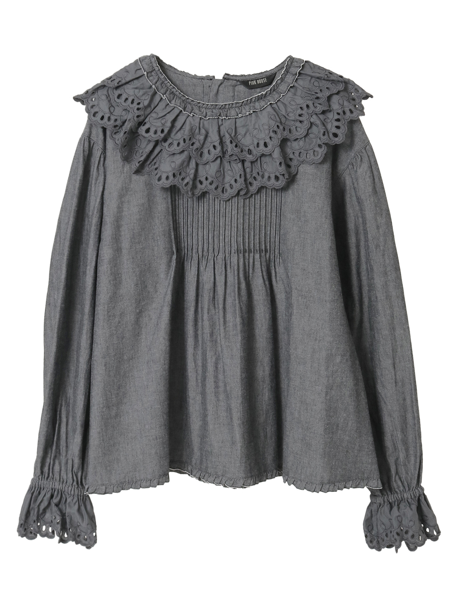 スカラップレース使いダンガリーブラウス 詳細画像 クロ 1