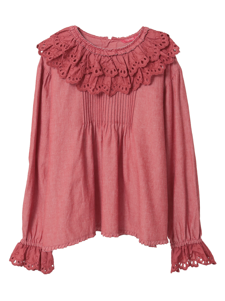 スカラップレース使いダンガリーブラウス 詳細画像 アカ 1