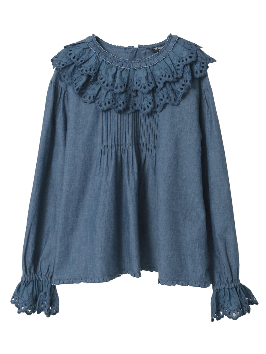 スカラップレース使いダンガリーブラウス 詳細画像 インディゴ 1