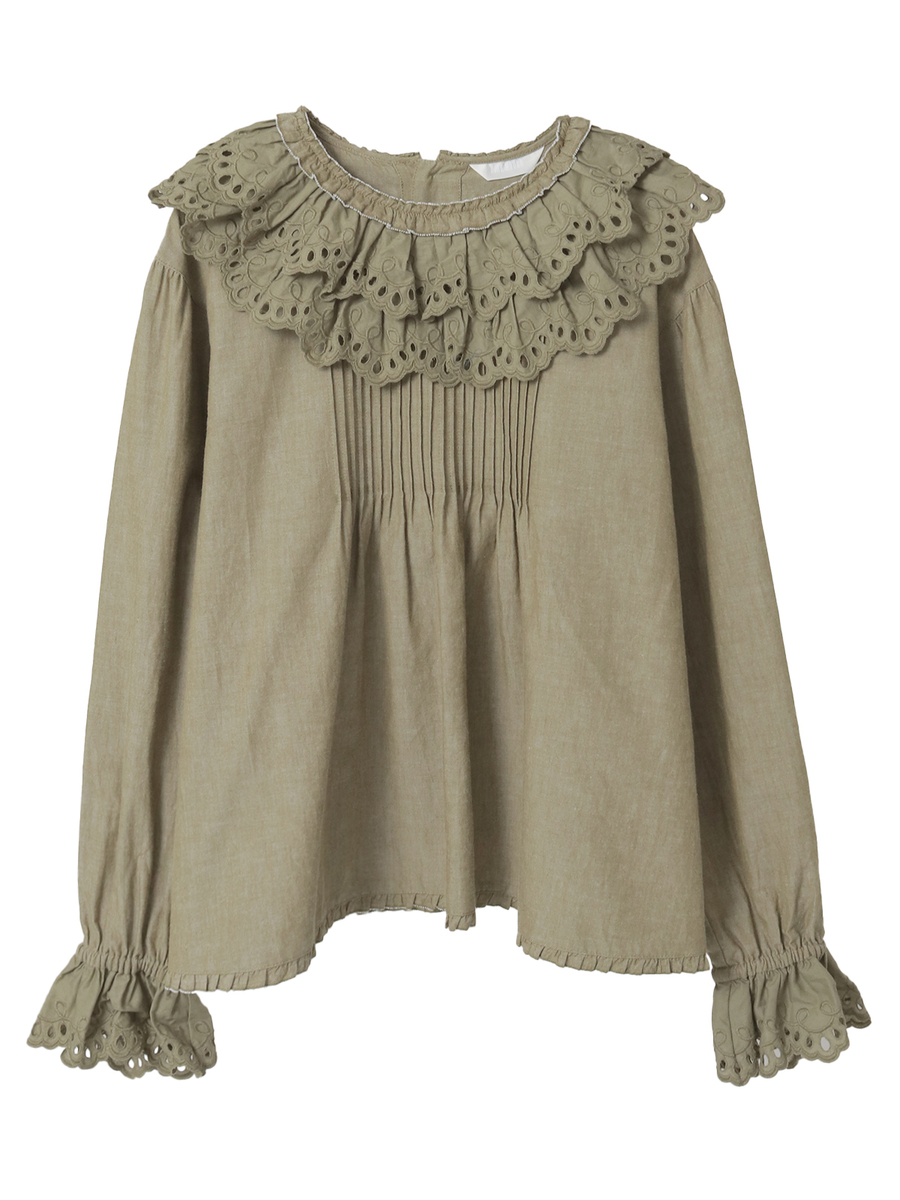 スカラップレース使いダンガリーブラウス 詳細画像 カーキ 1