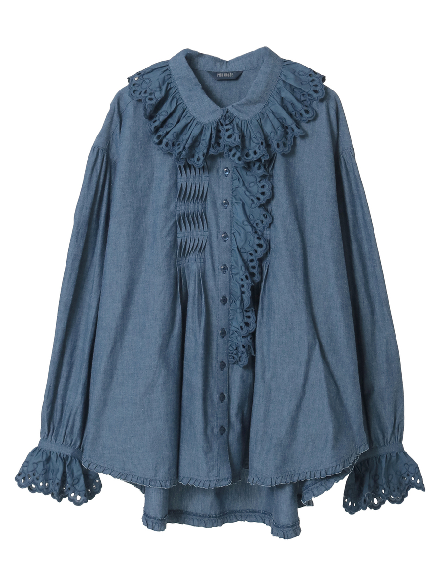 スカラップレース使いダンガリーシャツブラウス 詳細画像 クロ 1