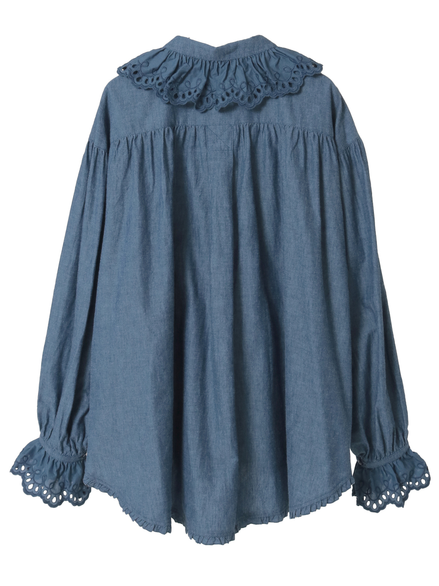 スカラップレース使いダンガリーシャツブラウス 詳細画像 クロ 2