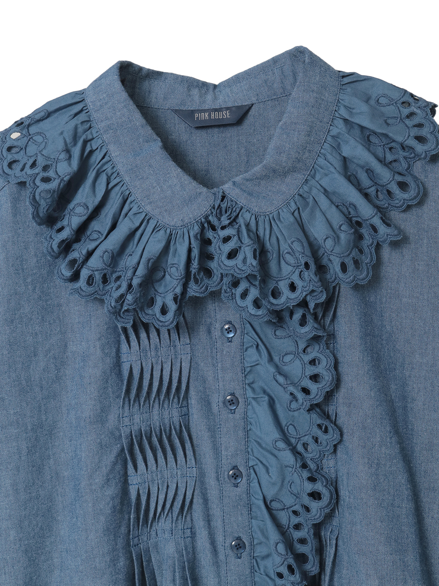 スカラップレース使いダンガリーシャツブラウス 詳細画像 クロ 3