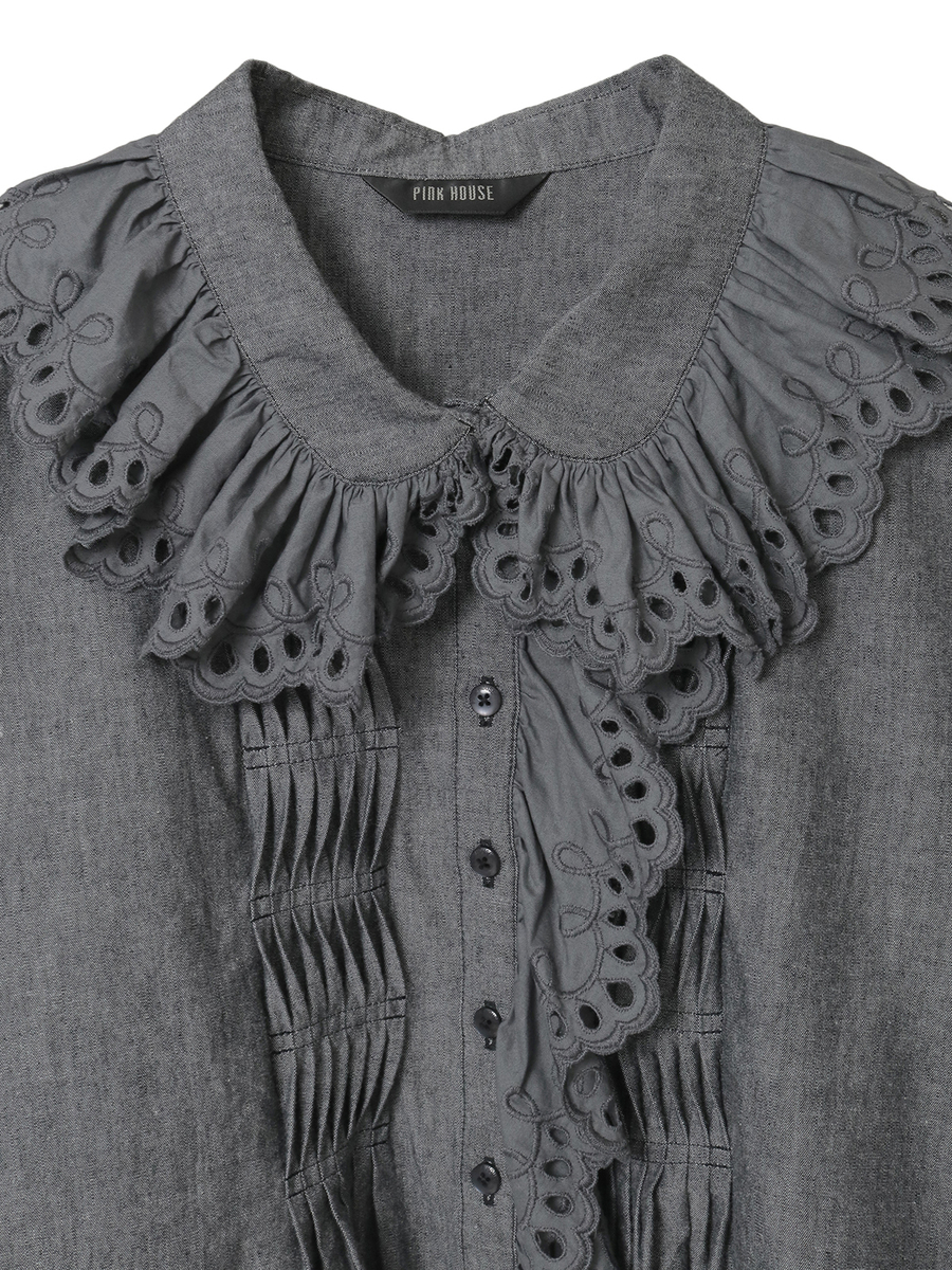 スカラップレース使いダンガリーシャツブラウス 詳細画像 クロ 8