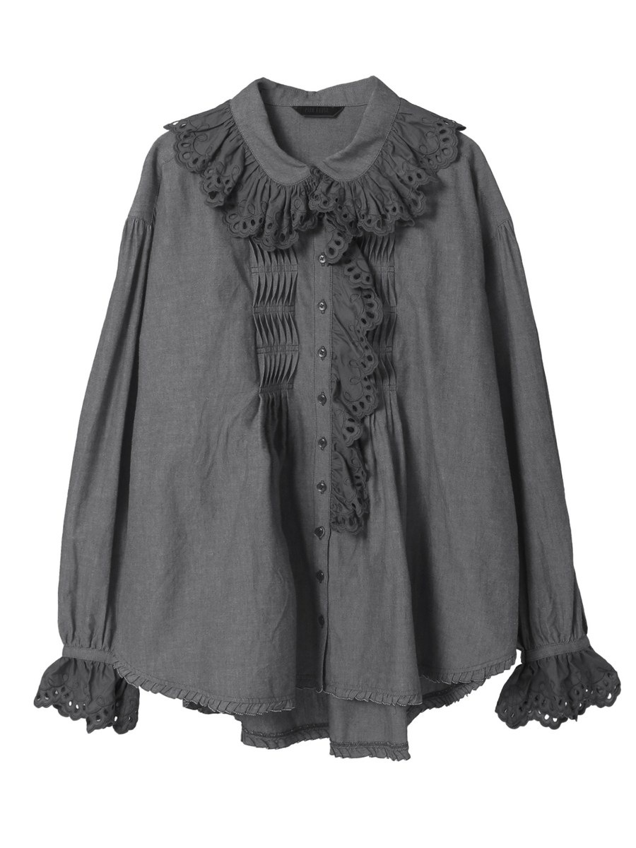 スカラップレース使いダンガリーシャツブラウス 詳細画像 クロ 1