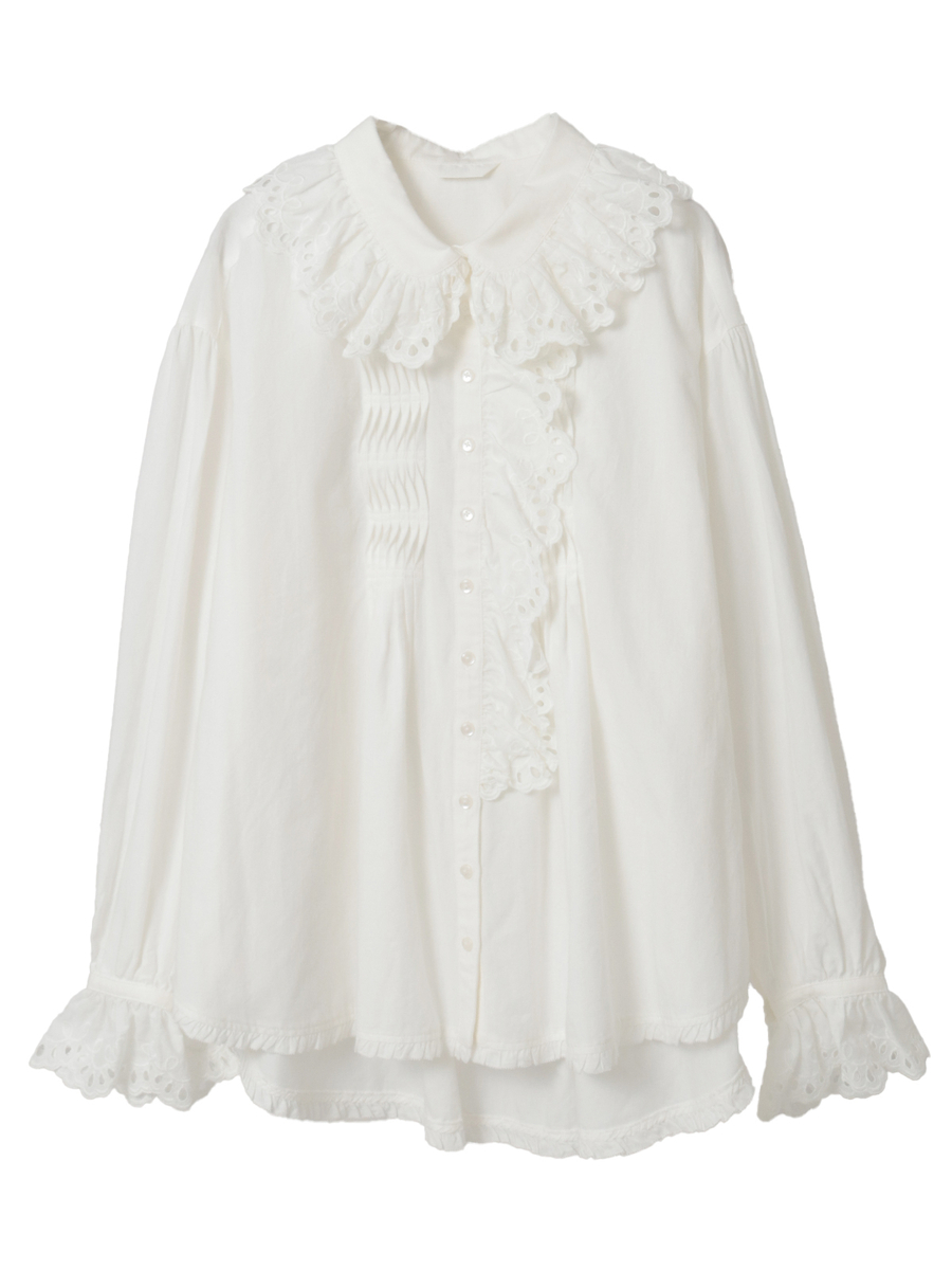 スカラップレース使いダンガリーシャツブラウス 詳細画像 シロ 1