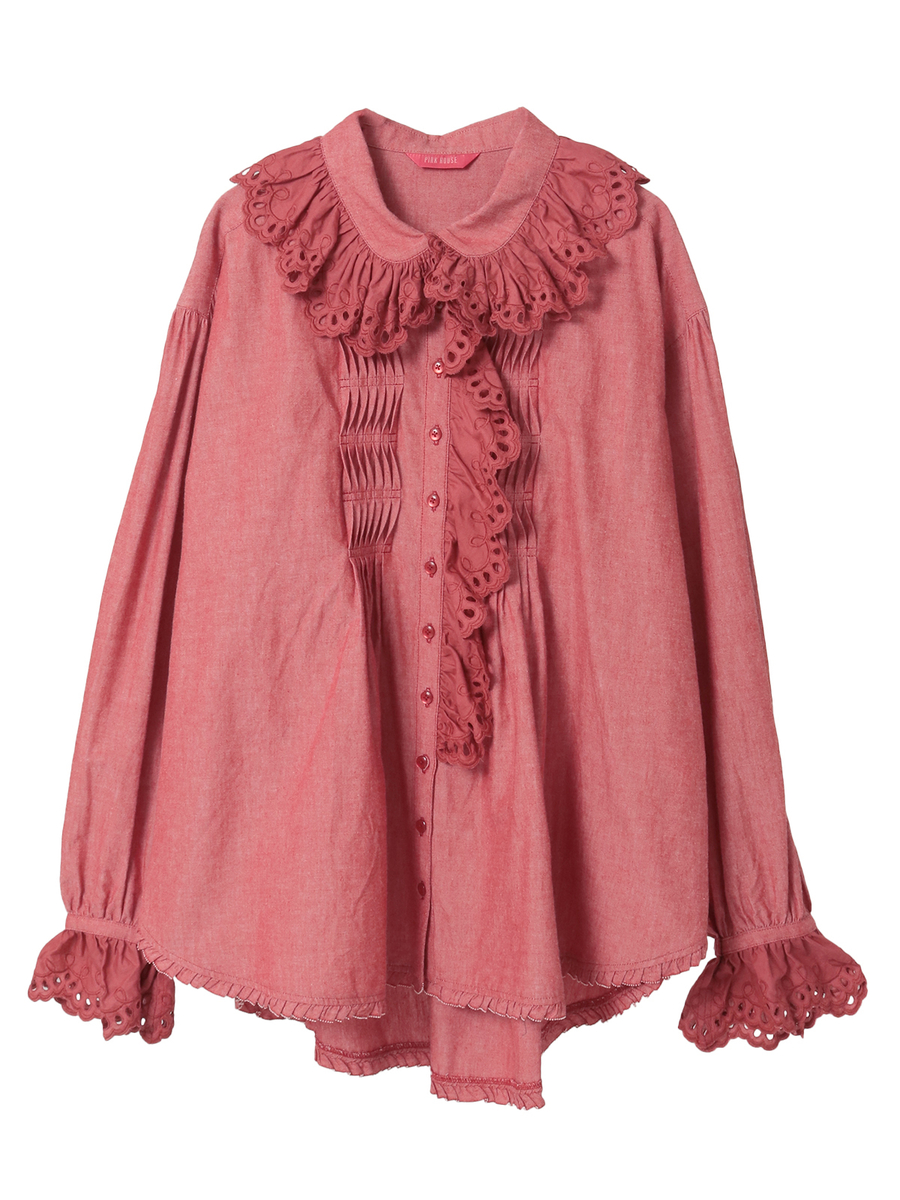 スカラップレース使いダンガリーシャツブラウス 詳細画像 アカ 1