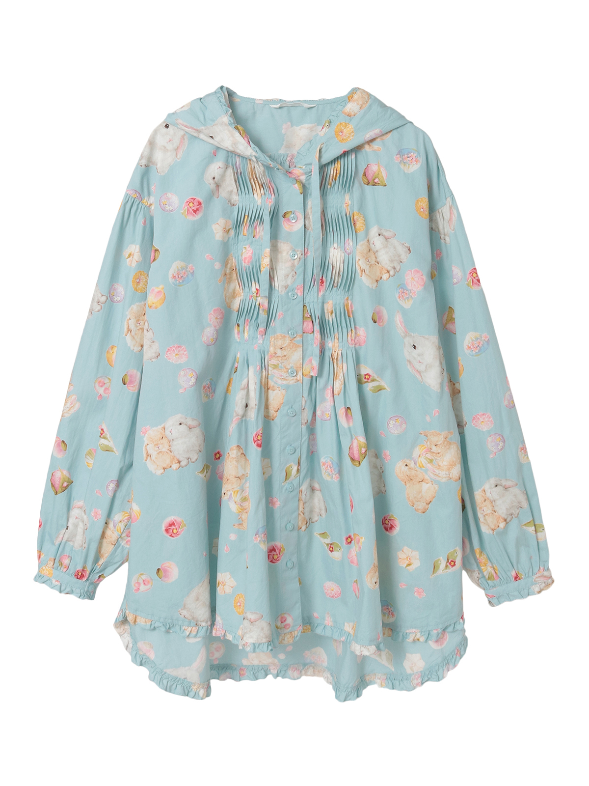 ピンクハウス　クマモチーフ　フード付きブラウス　ブルー 三つ子のくま冬支度プリントフードブラウス （シャツ・ブラウス