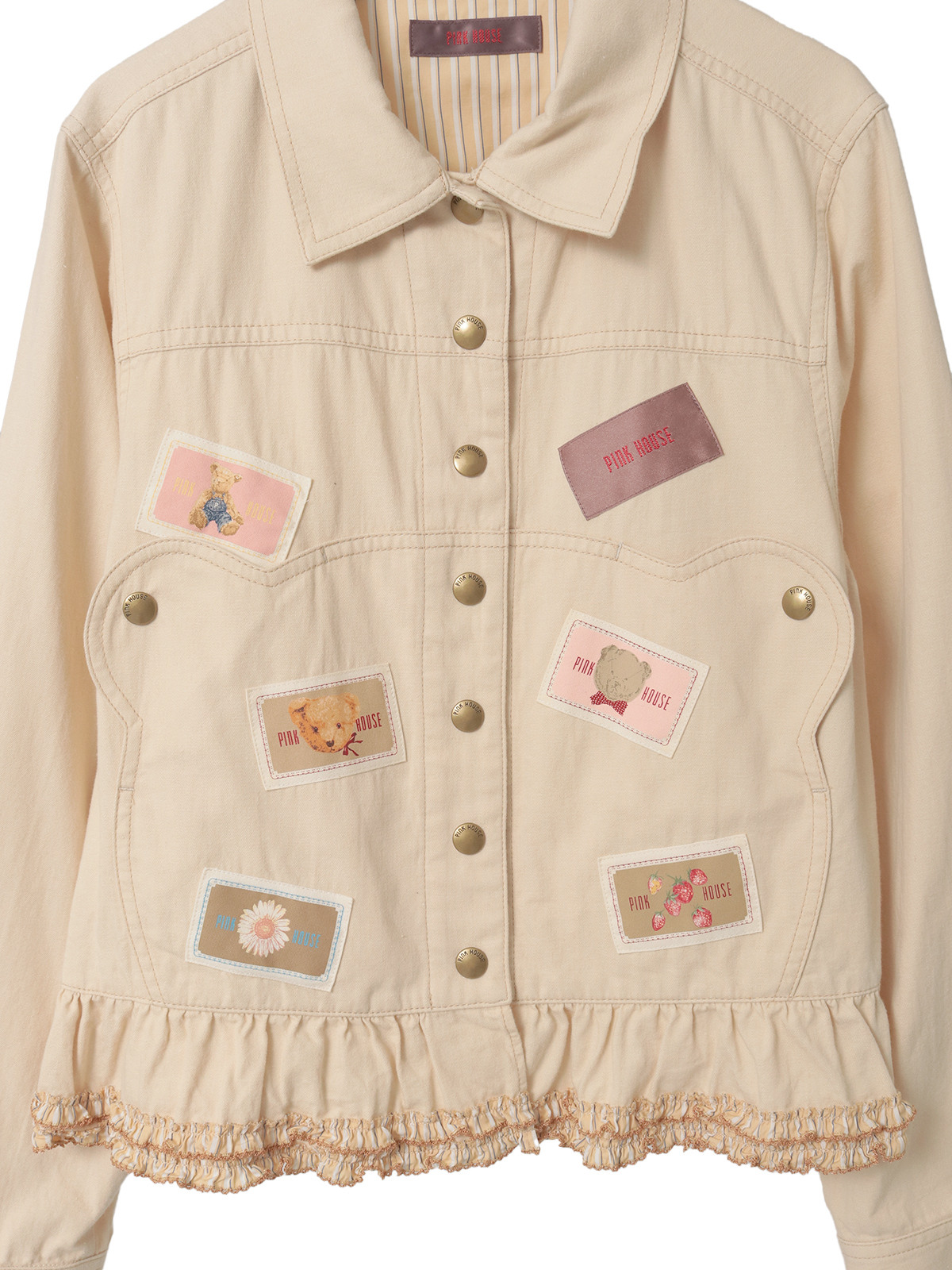 【試着のみ】ピンクハウス くまちゃん刺繍 フード付きデニムジャケット/2021年 試着のみ】ピンクハウス ひな菊くまちゃん刺繍使い デニムジャケット