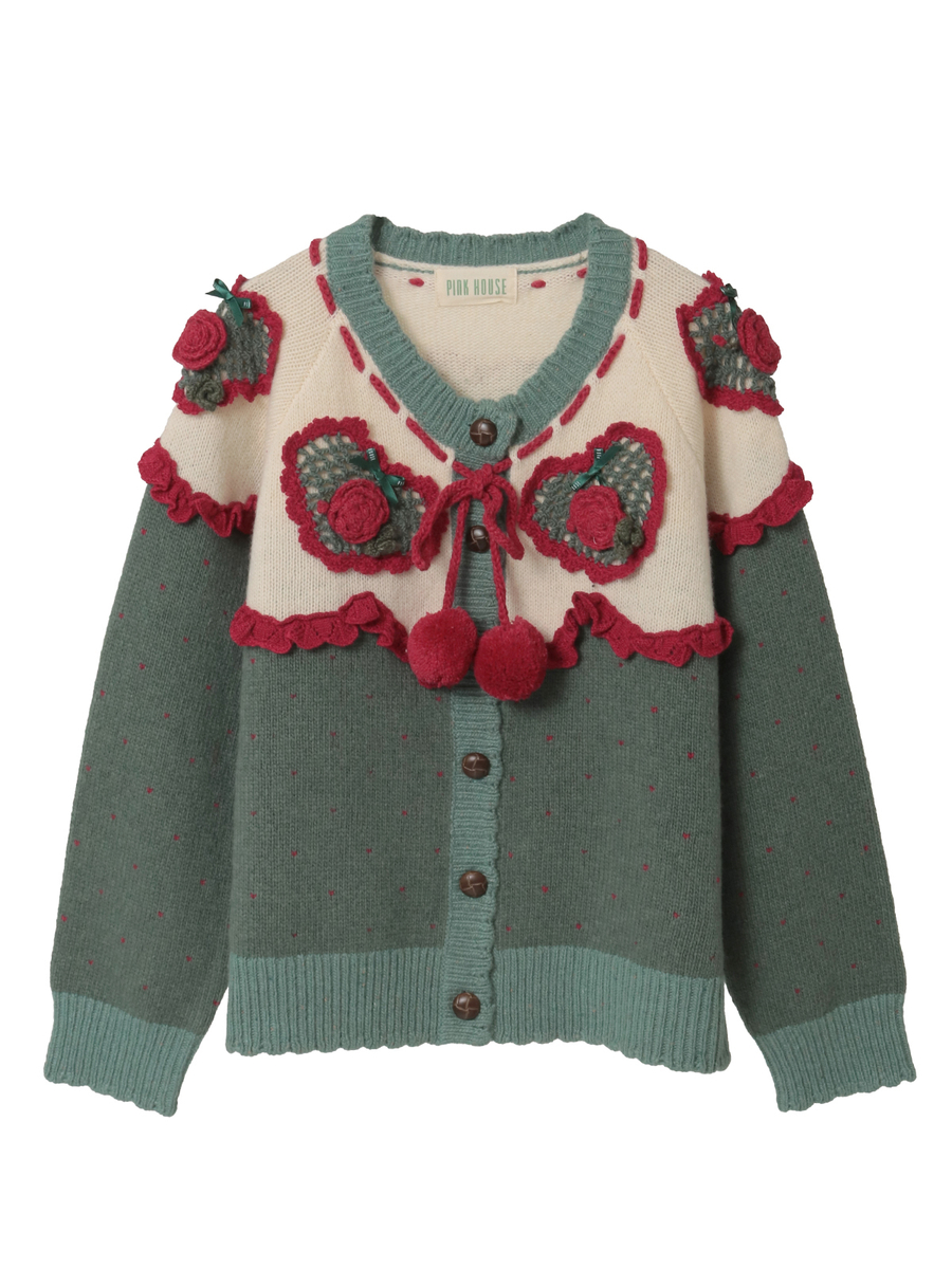 ハートモチーフ使いヨークニットカーディガン 詳細画像 グリーン 1