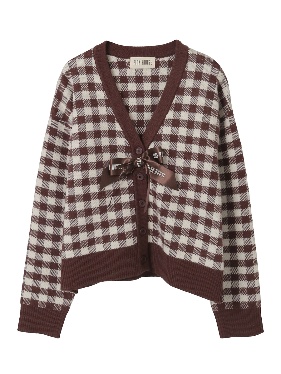 ギンガムチェックニットカーディガン 詳細画像 チョコレート 1