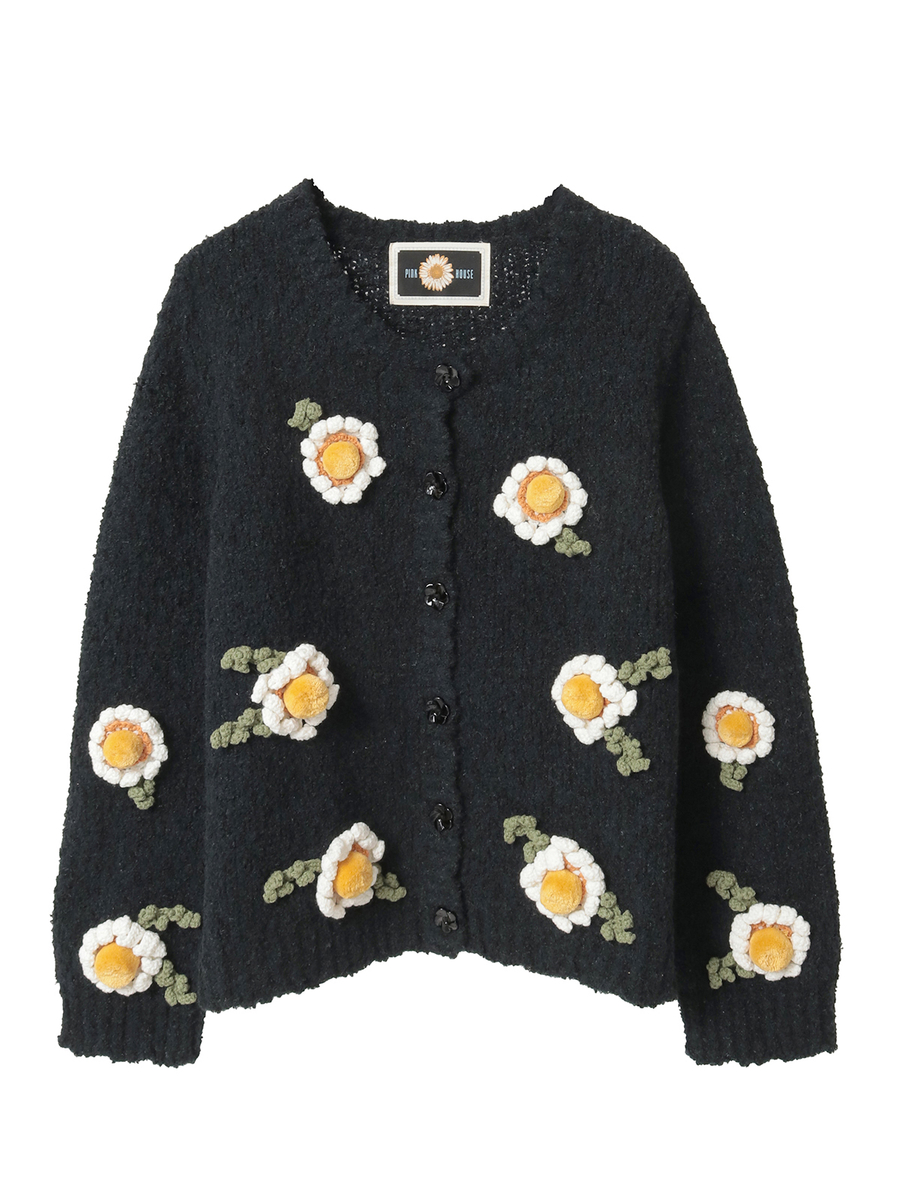 マーガレットモチーフ使いニットカーディガン 詳細画像 クロ 1