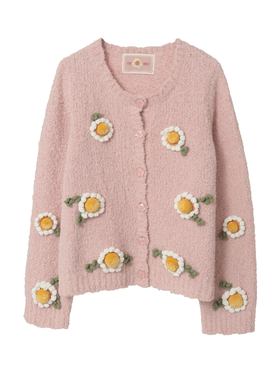マーガレットモチーフ使いニットカーディガン 詳細画像 ピンク 1