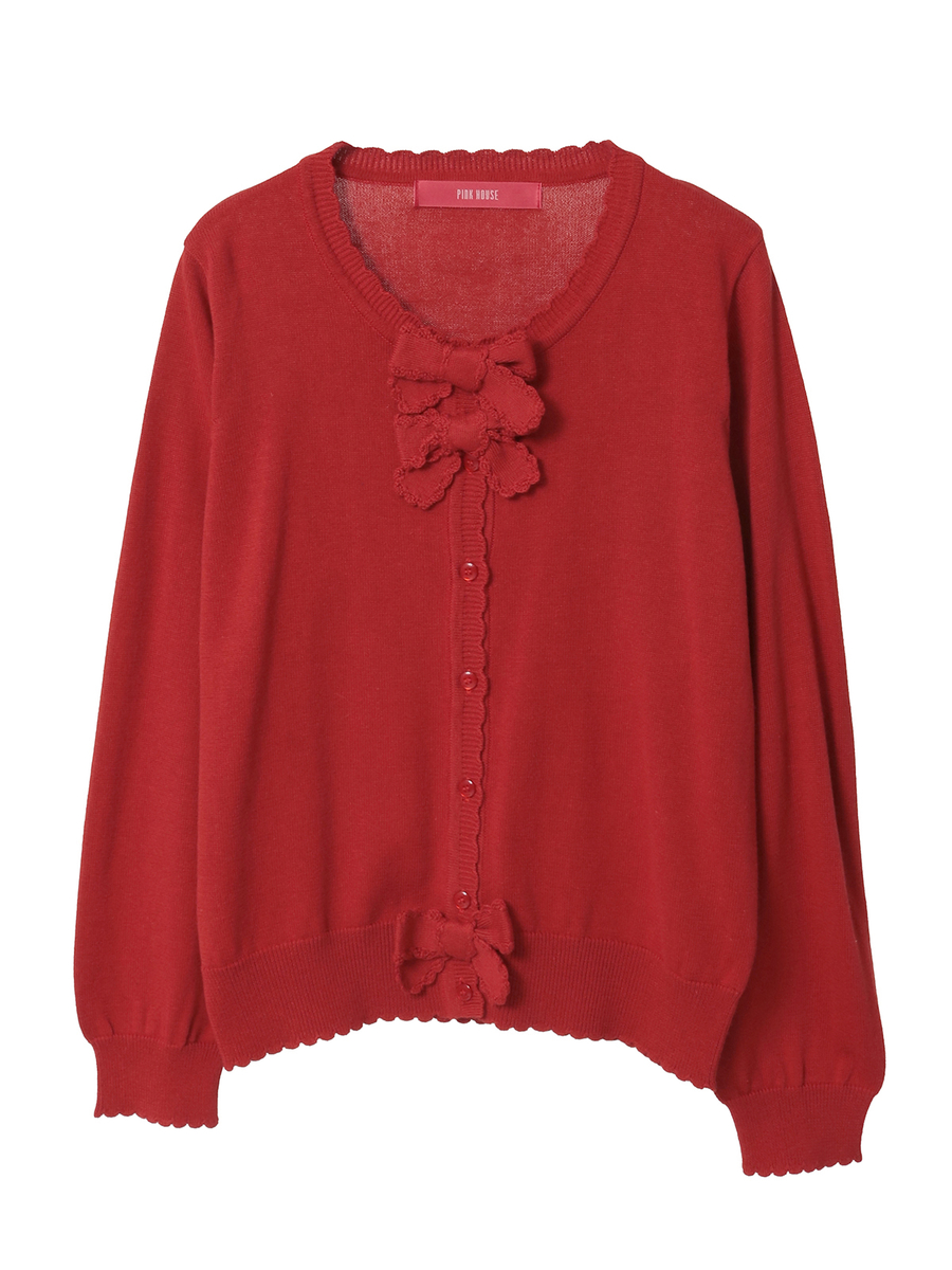 リボンモチーフ使いニットカーディガン 詳細画像 アカ 1